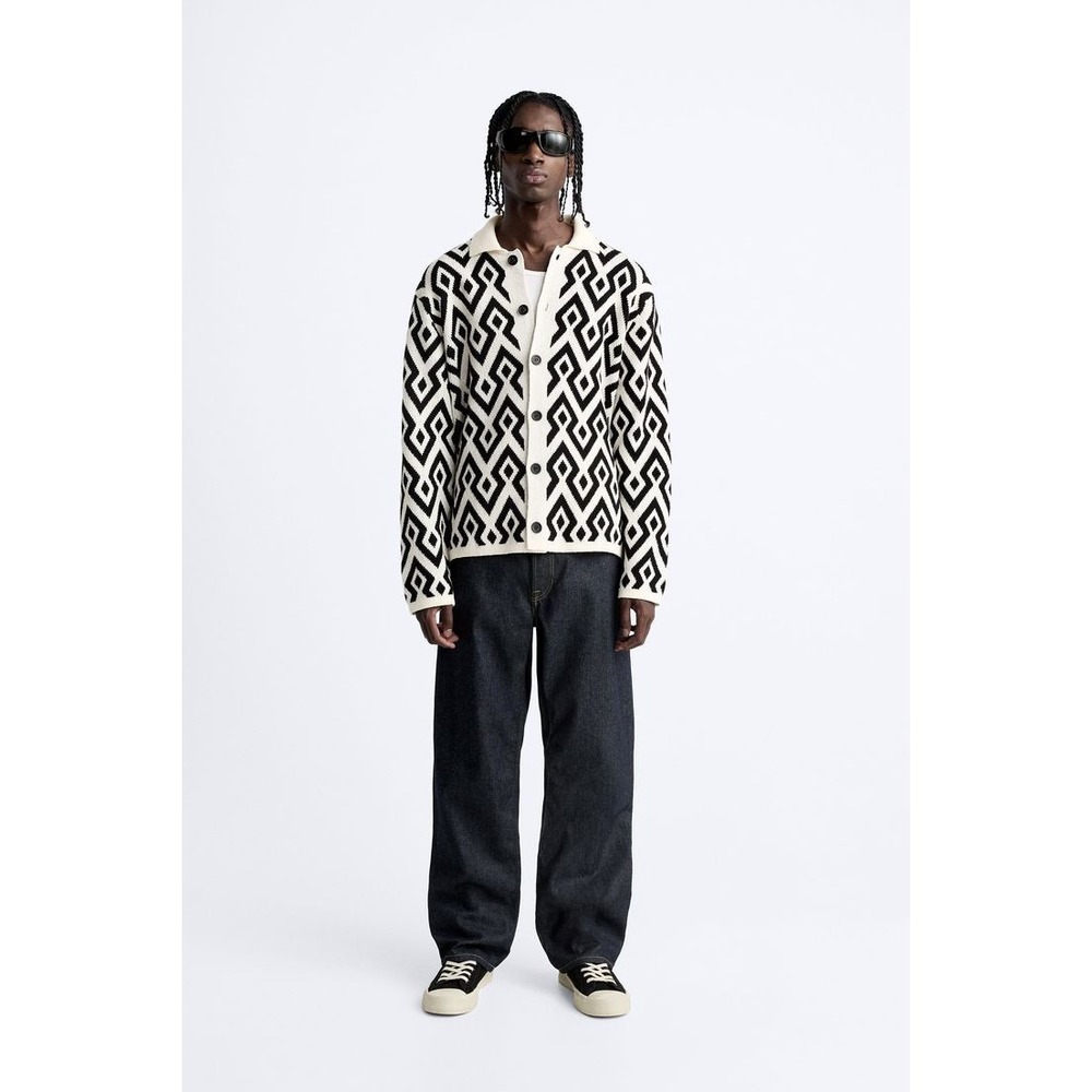 Zara Cardigan Sweater Mens Size Medium Jacquard Knit Geometric Heavyweight BD